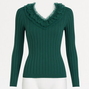 Vintage Evie Silk Ribbed Top Medium Victorian Green Lace Collar Holiday